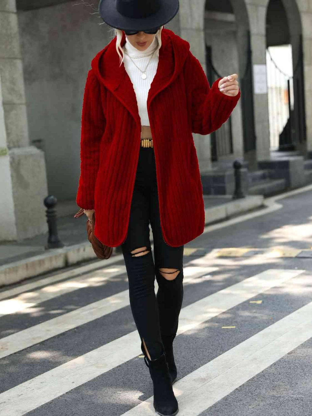 Open Front Ribbed Hooded Coat -- 