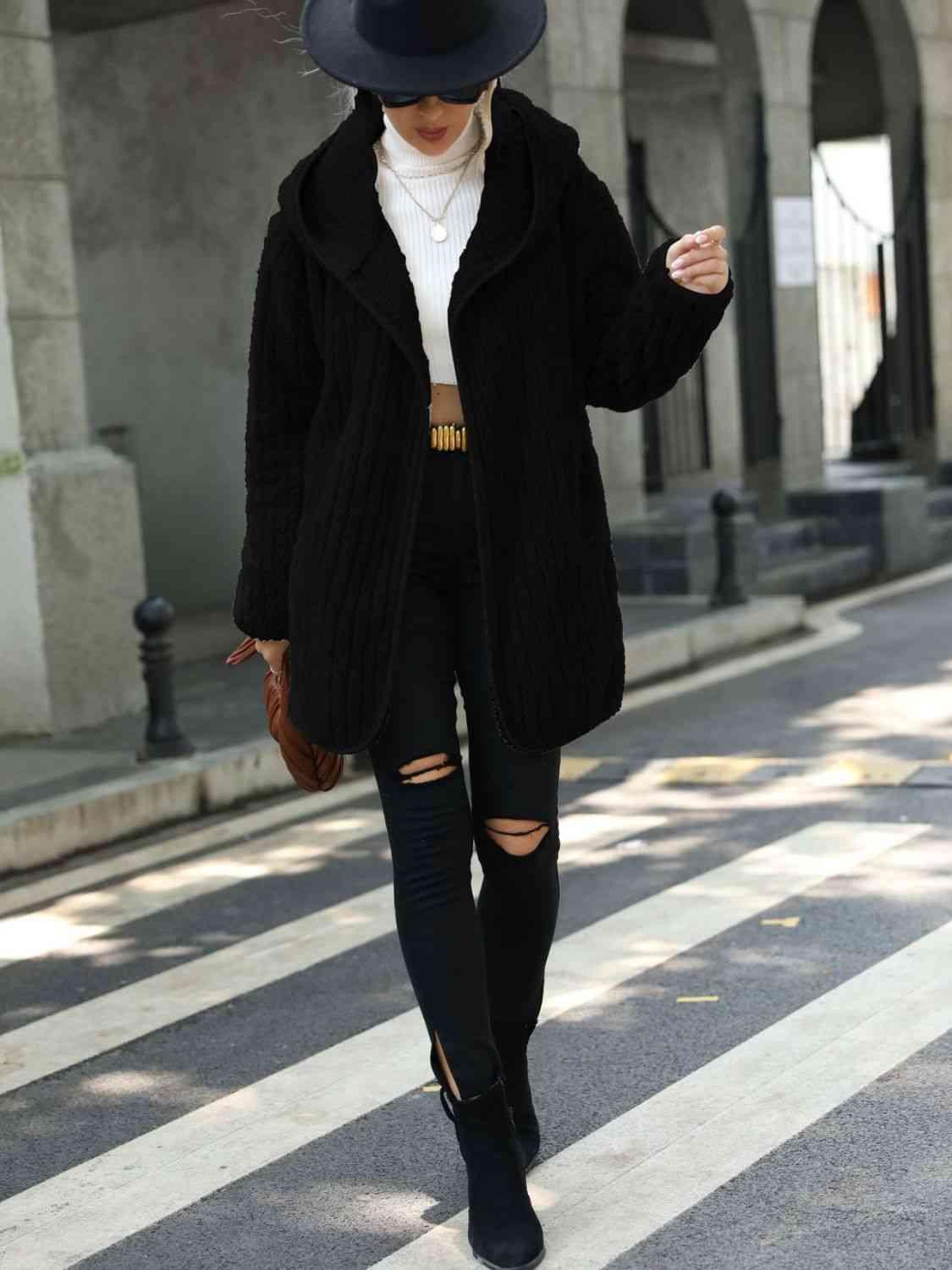 Open Front Ribbed Hooded Coat -- 