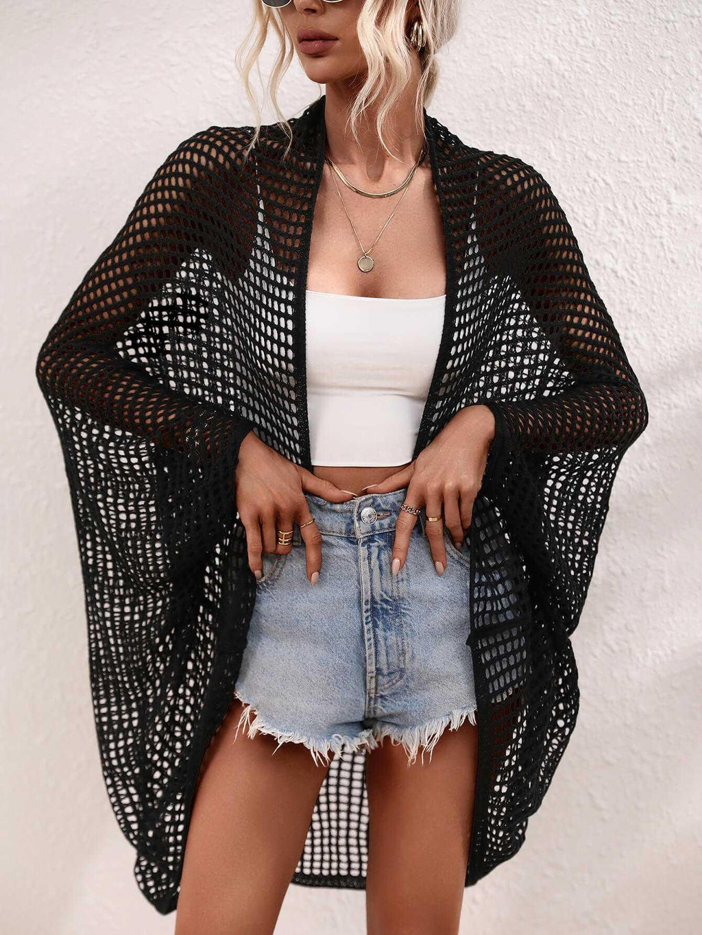 Openwork Open Front Longline Cover Up -- 