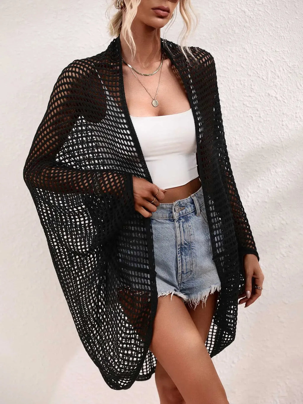 Openwork Open Front Longline Cover Up -- 
