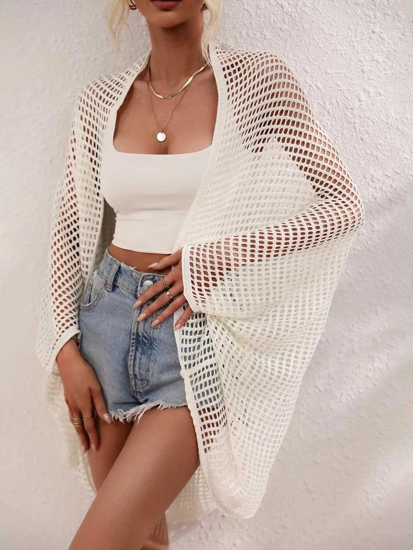Openwork Open Front Longline Cover Up -- 