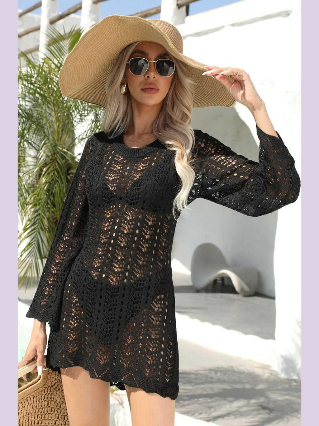 Openwork Scalloped Trim Long Sleeve Cover-Up Dress -- 
