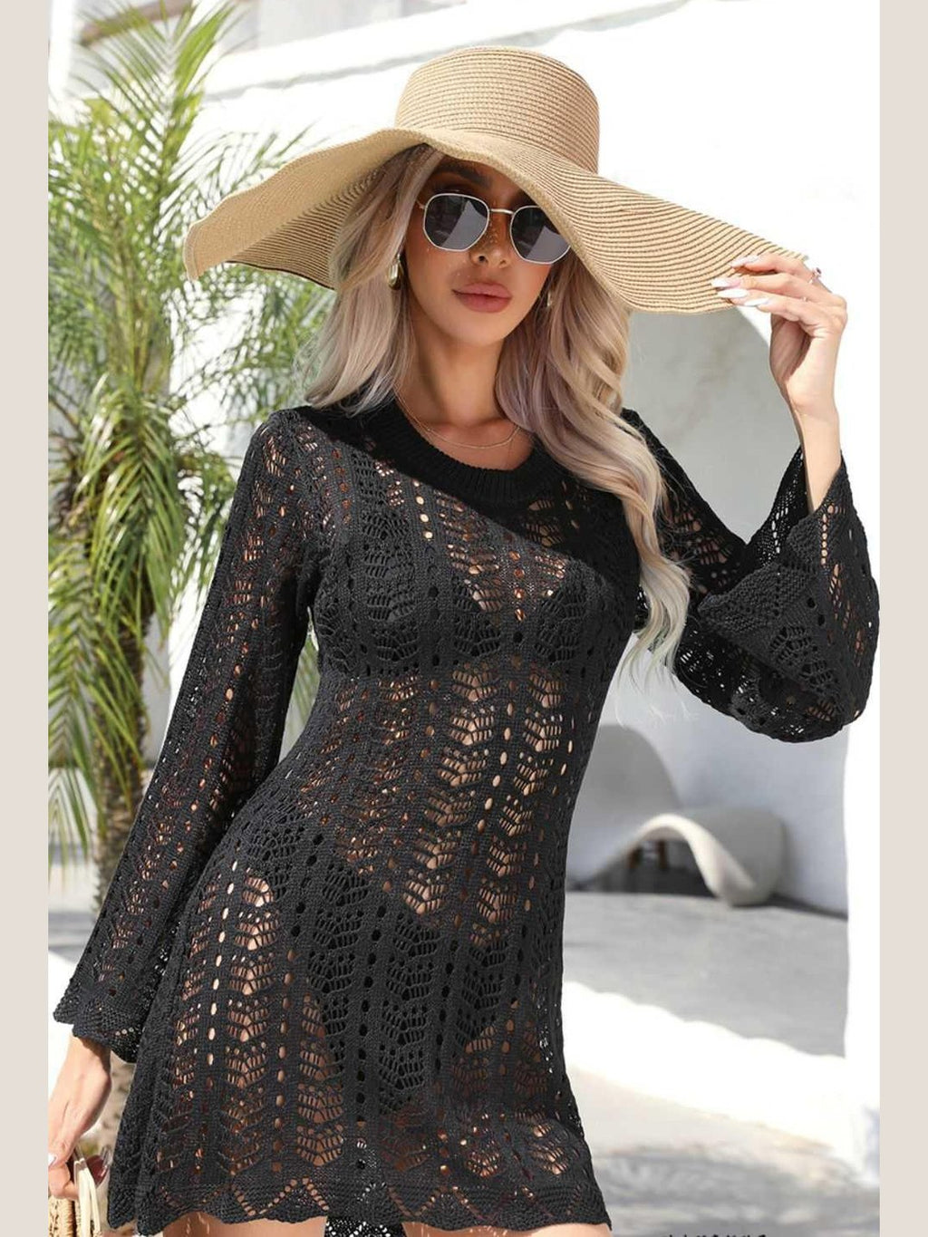 Openwork Scalloped Trim Long Sleeve Cover-Up Dress -- 