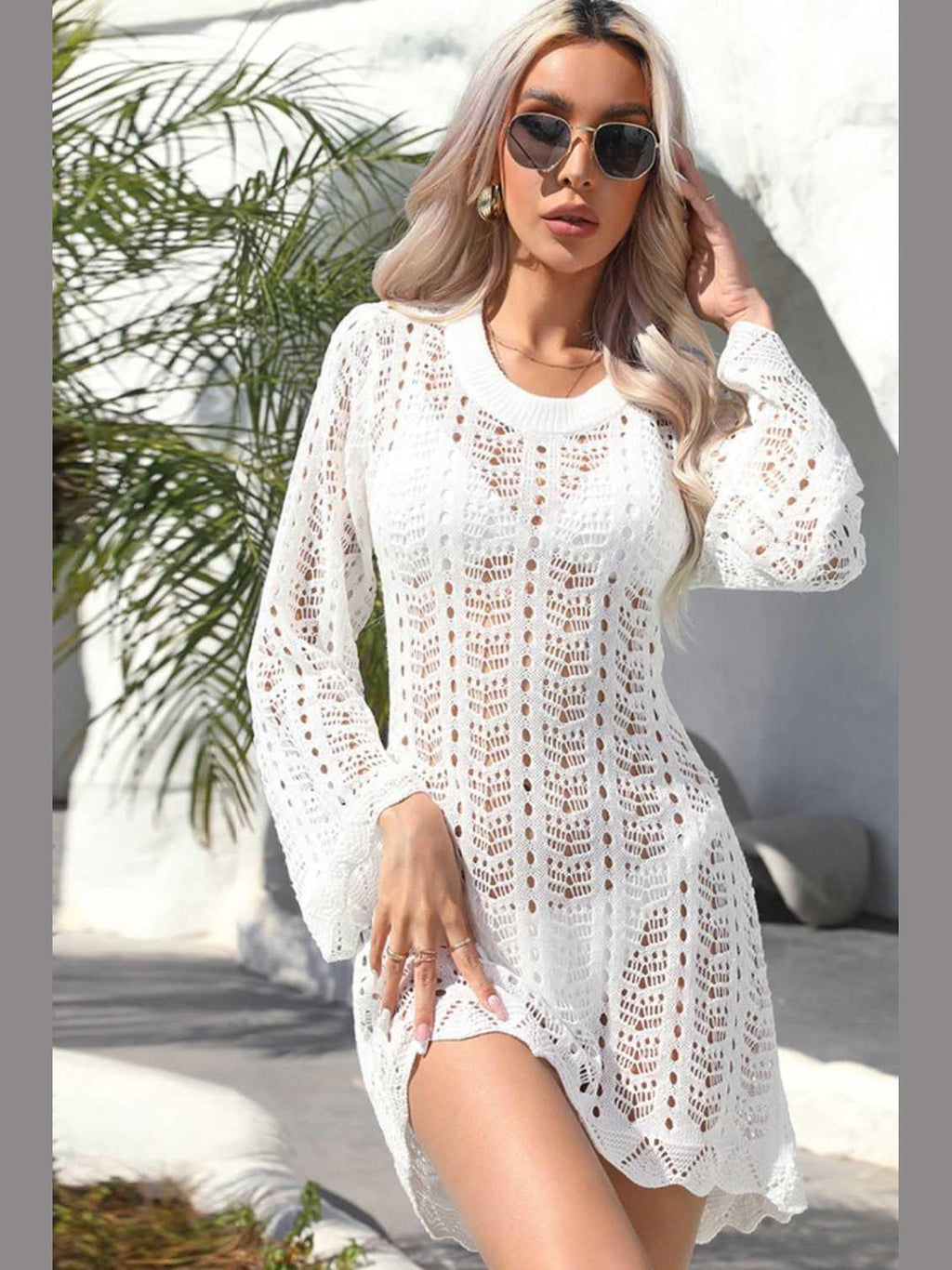 Openwork Scalloped Trim Long Sleeve Cover-Up Dress -- 