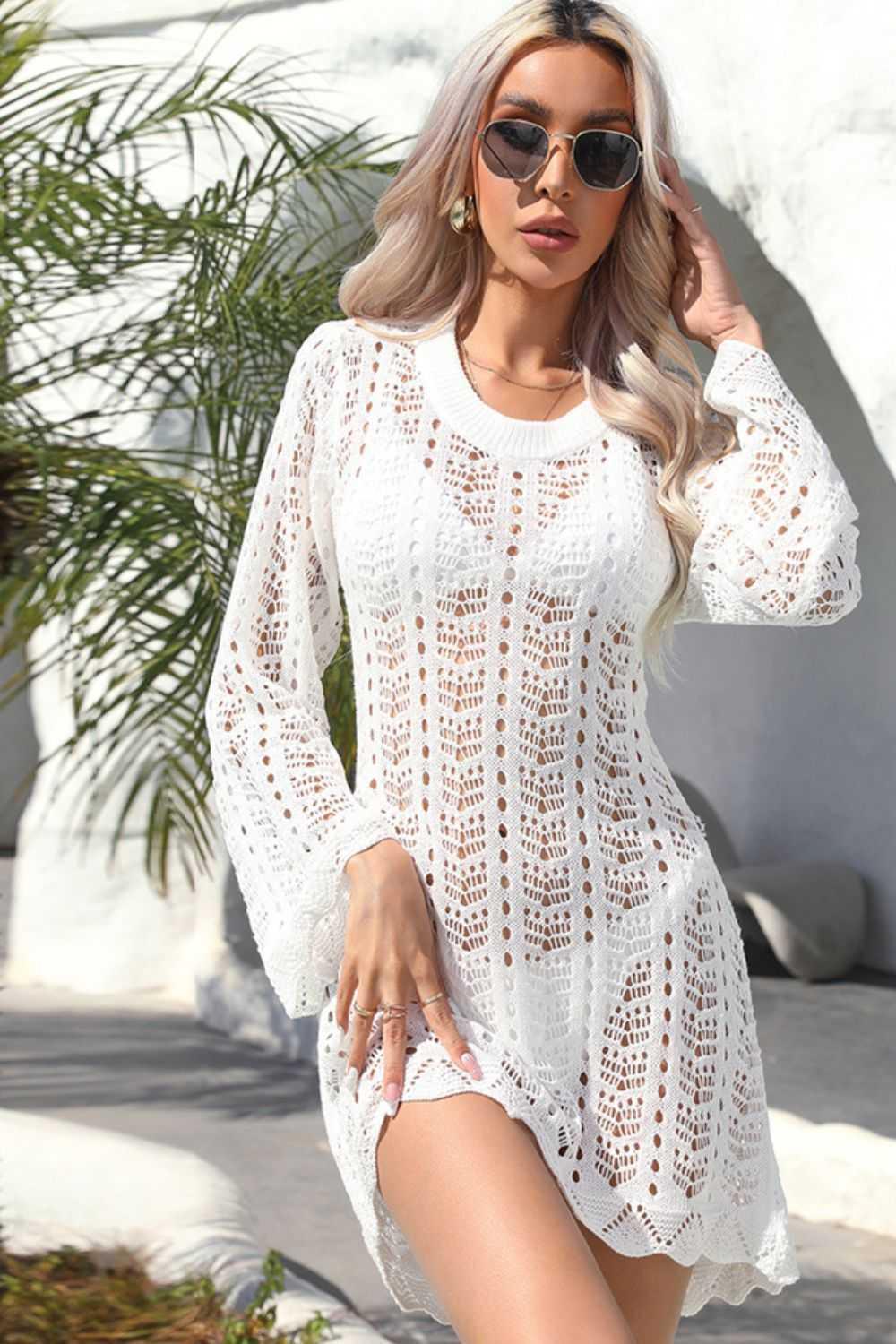 Openwork Scalloped Trim Long Sleeve Cover-Up Dress -- 