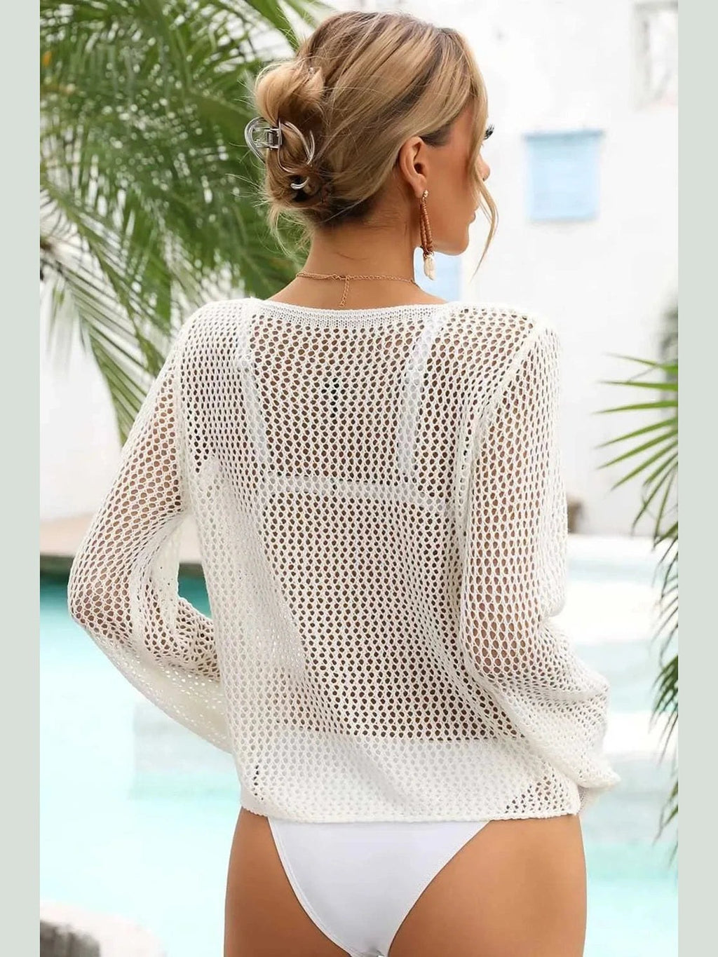 Openwork Scoop Neck Long Sleeve Cover-Up -- 