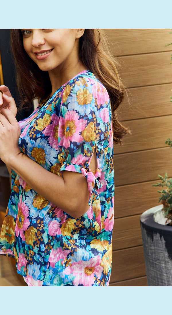 Petal Dew Full Size Floral V-Neck Tie Detail Blouse