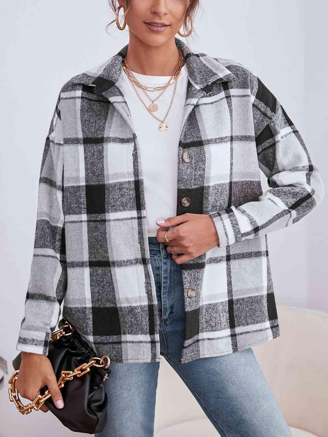 Plaid Collared Neck Button Down Jacket -- 