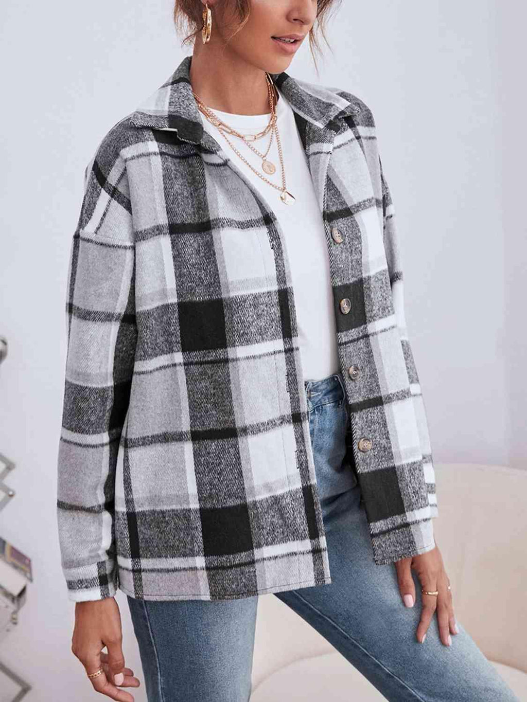 Plaid Collared Neck Button Down Jacket -- 