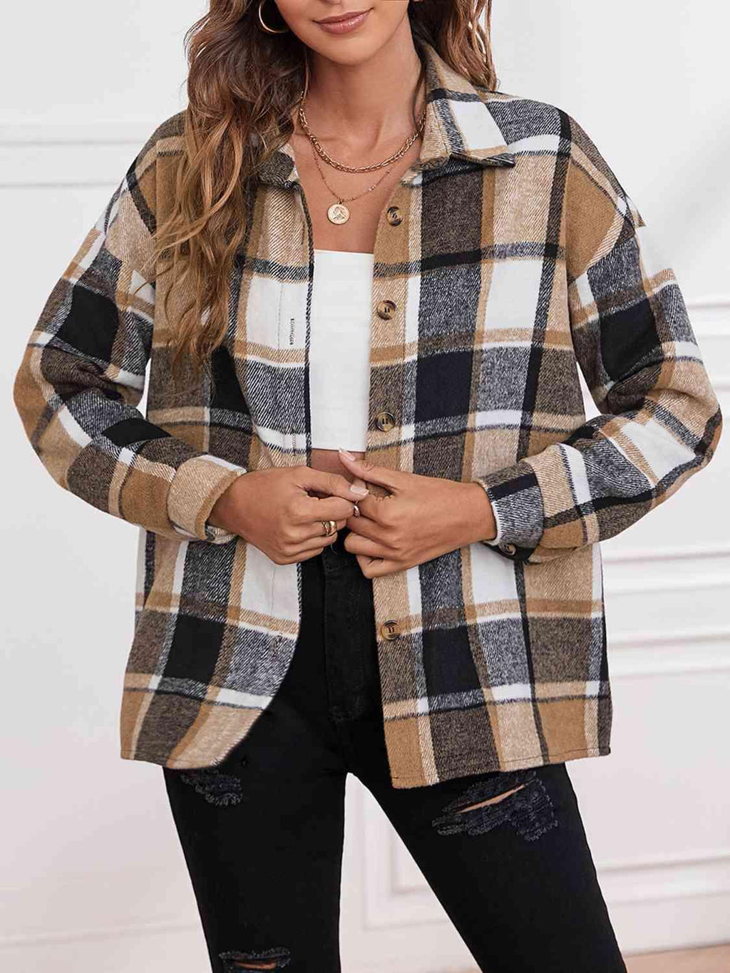 Plaid Collared Neck Button Down Jacket -- 