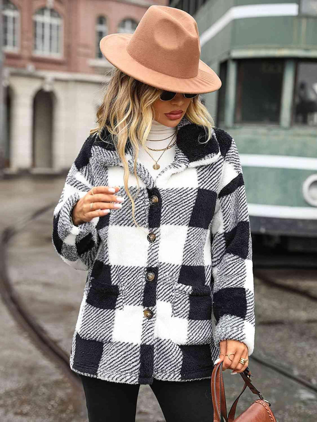 Plaid Collared Neck Button Down Jacket -- 
