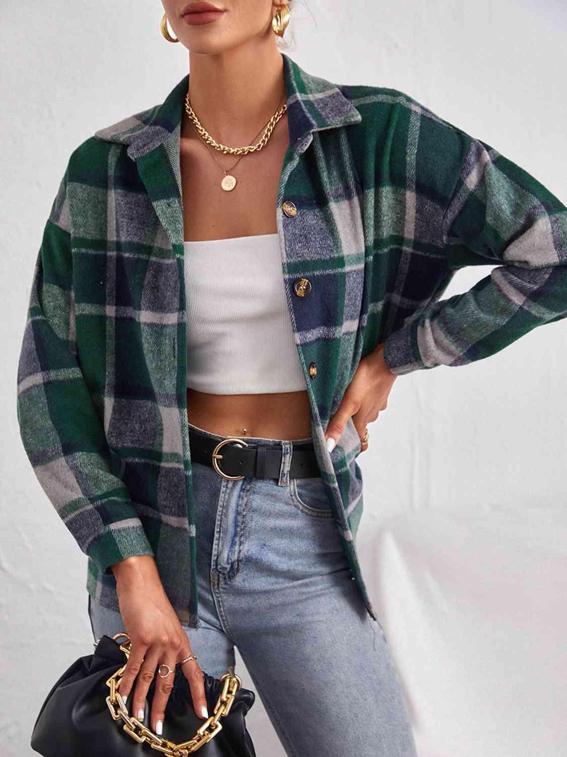 Plaid Collared Neck Button Down Jacket -- 