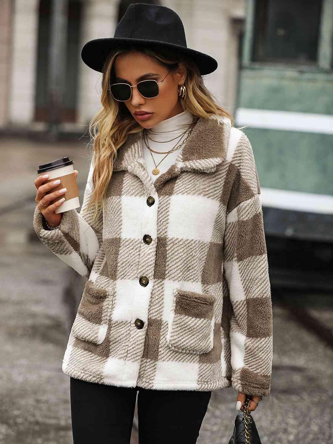 Plaid Collared Neck Button Down Jacket -- 