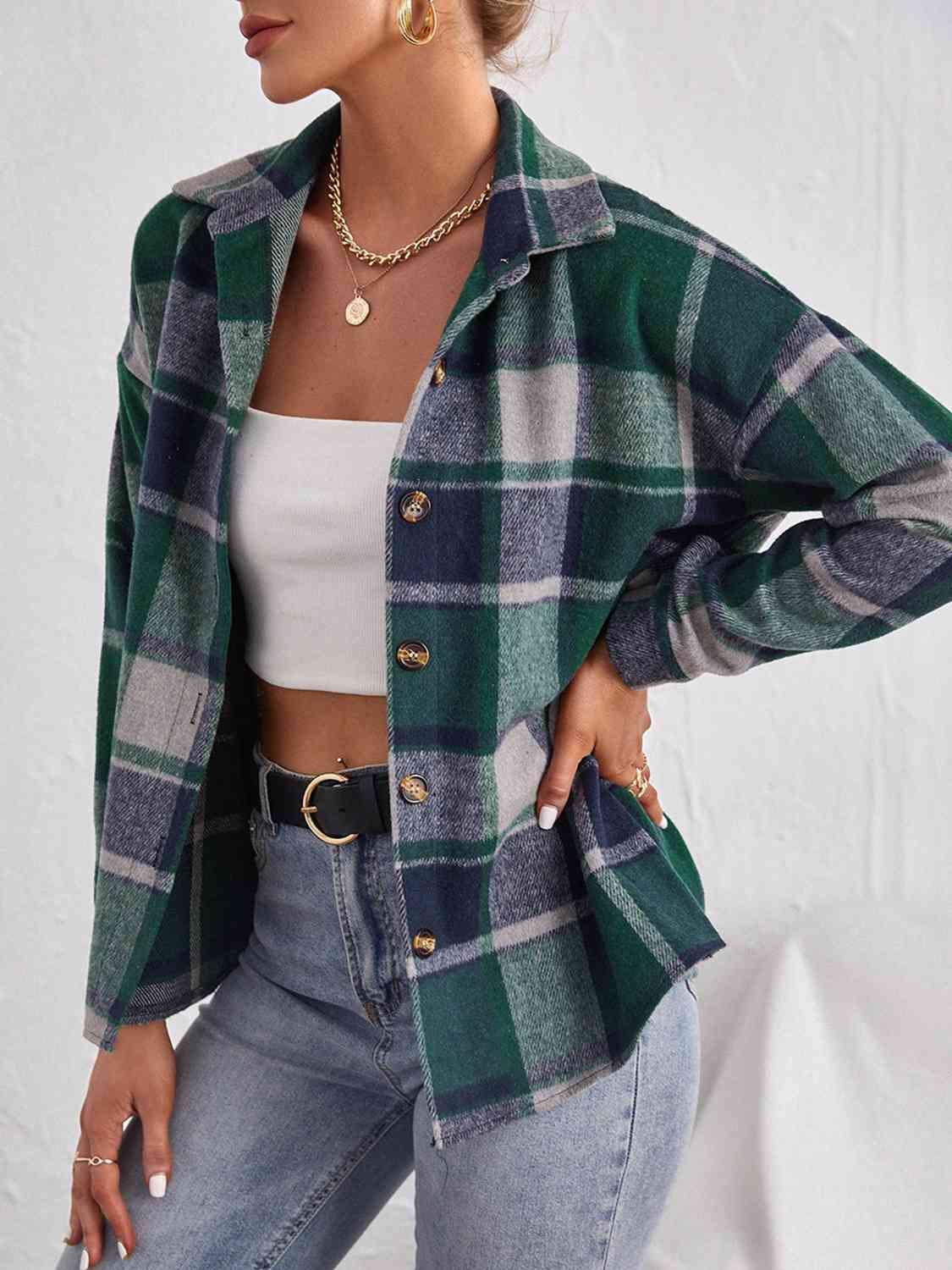 Plaid Collared Neck Button Down Jacket -- 