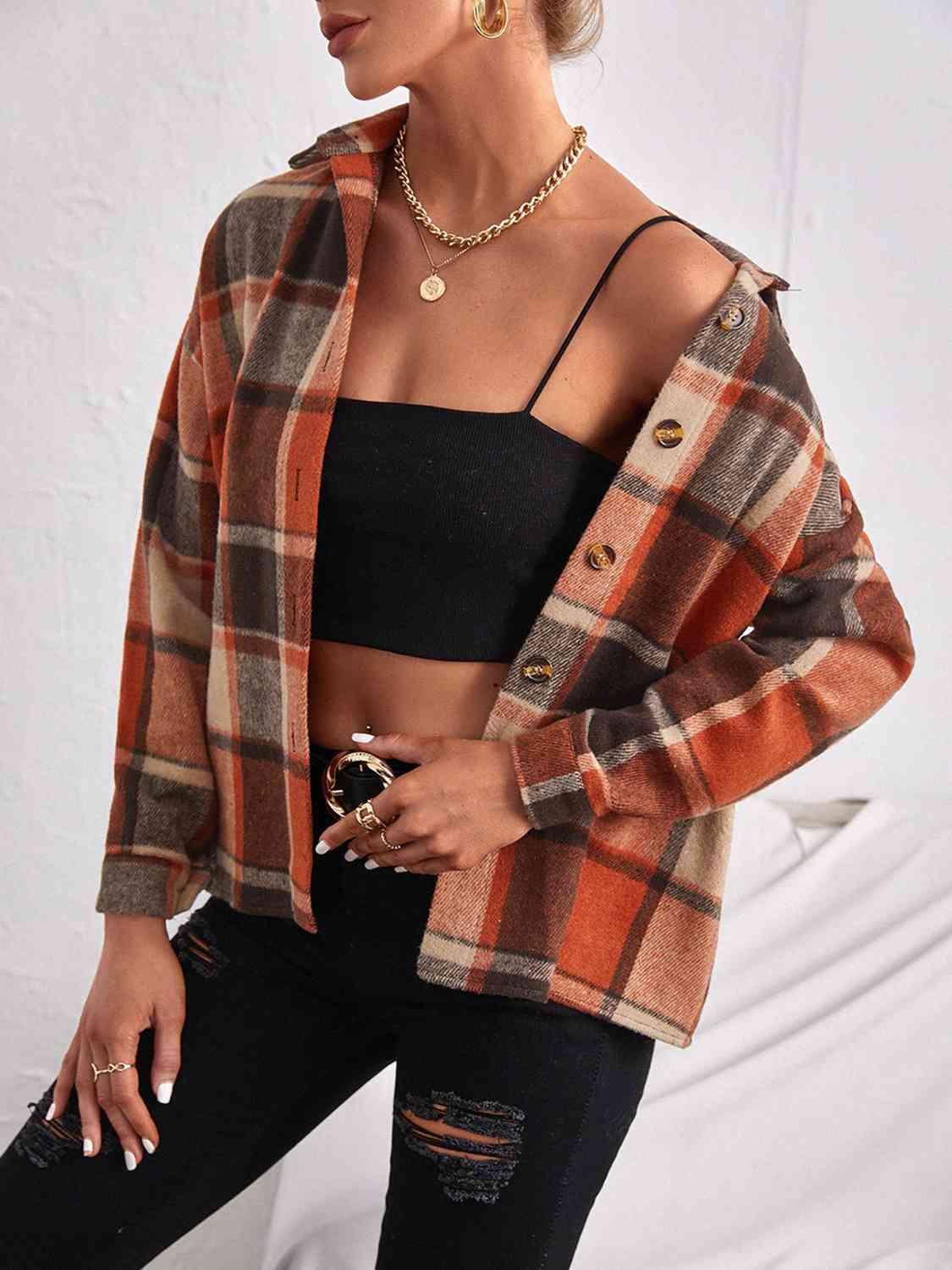 Plaid Collared Neck Button Down Jacket -- 