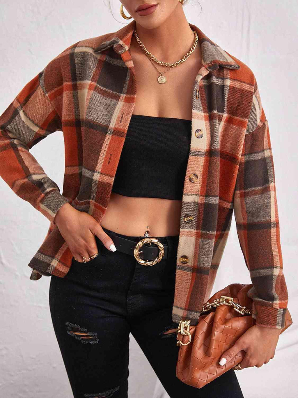 Plaid Collared Neck Button Down Jacket -- 