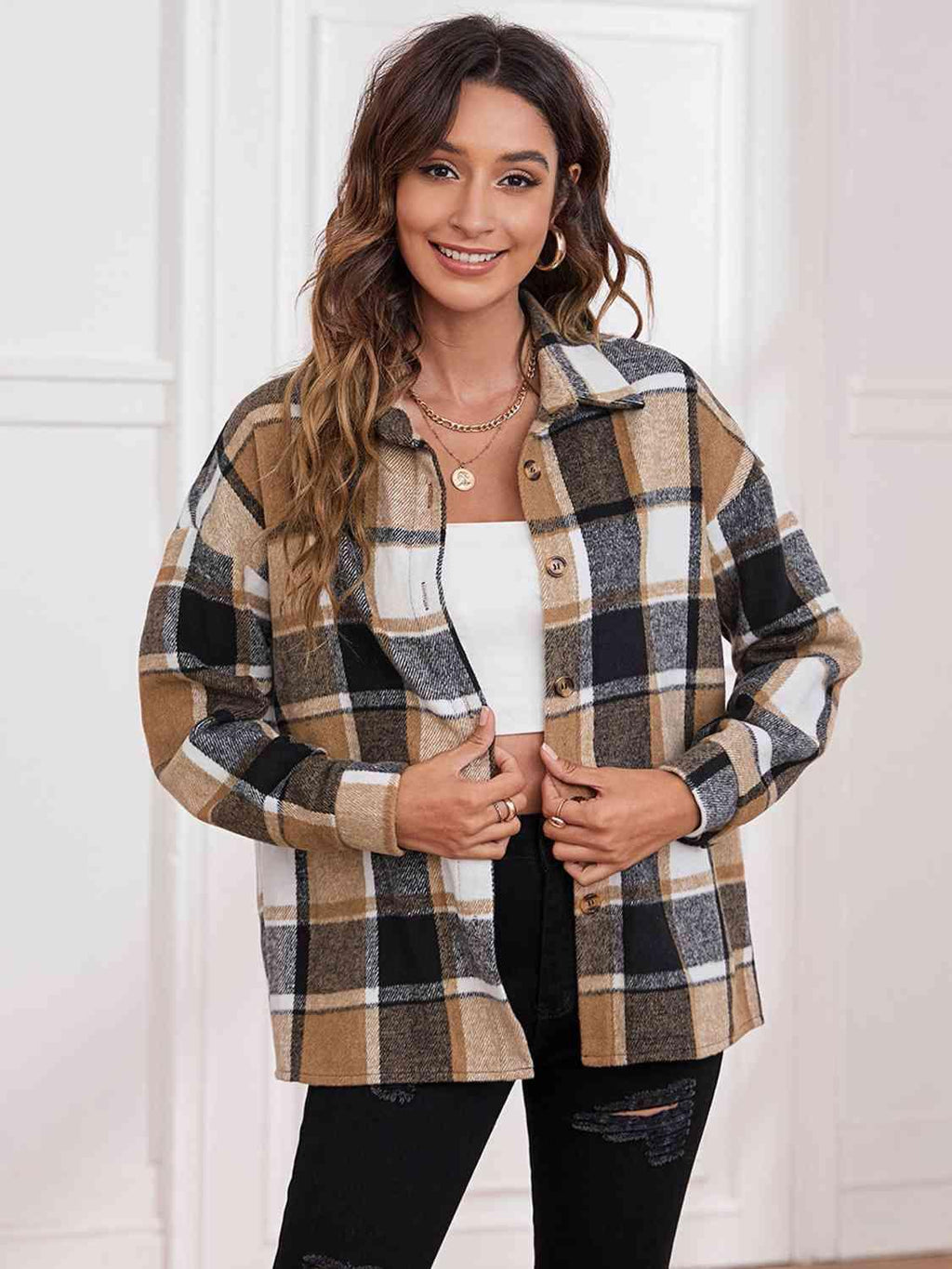 Plaid Collared Neck Button Down Jacket -- 
