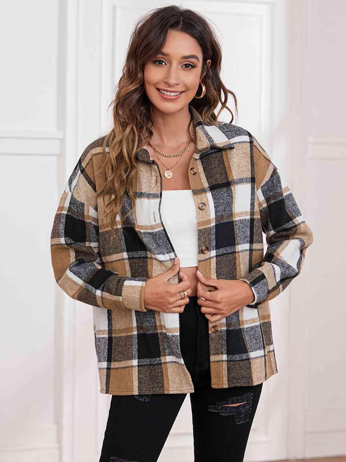 Plaid Collared Neck Button Down Jacket -- 