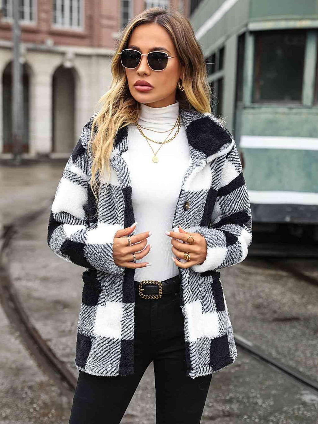 Plaid Collared Neck Button Down Jacket -- 