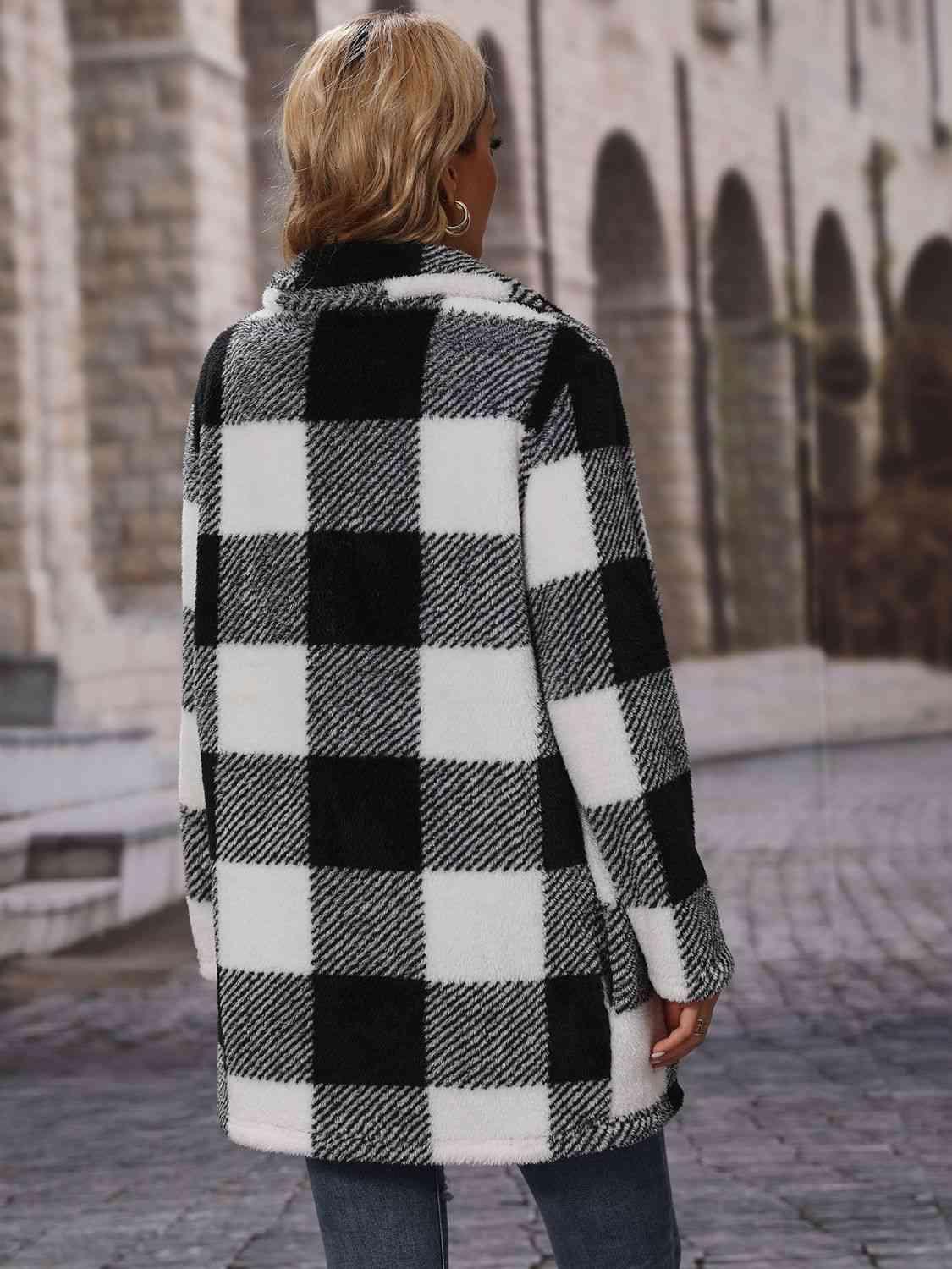 Plaid Collared Neck Coat with Pockets -- 