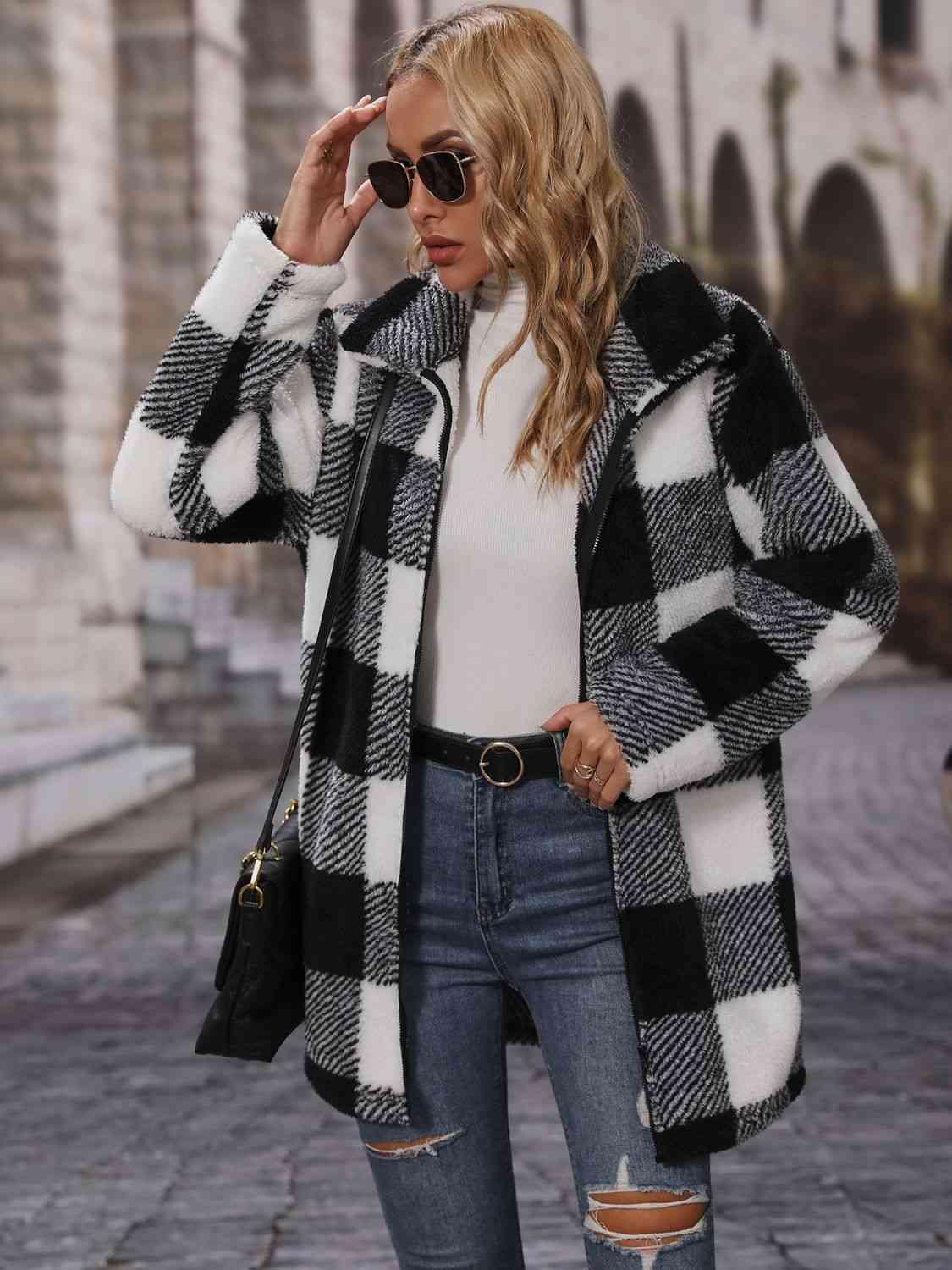 Plaid Collared Neck Coat with Pockets -- 