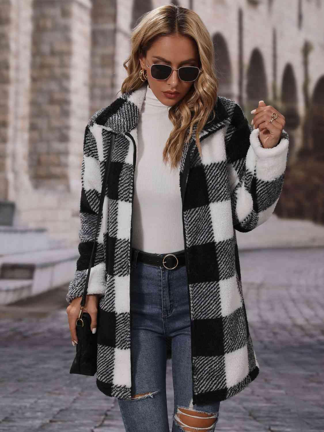 Plaid Collared Neck Coat with Pockets -- 