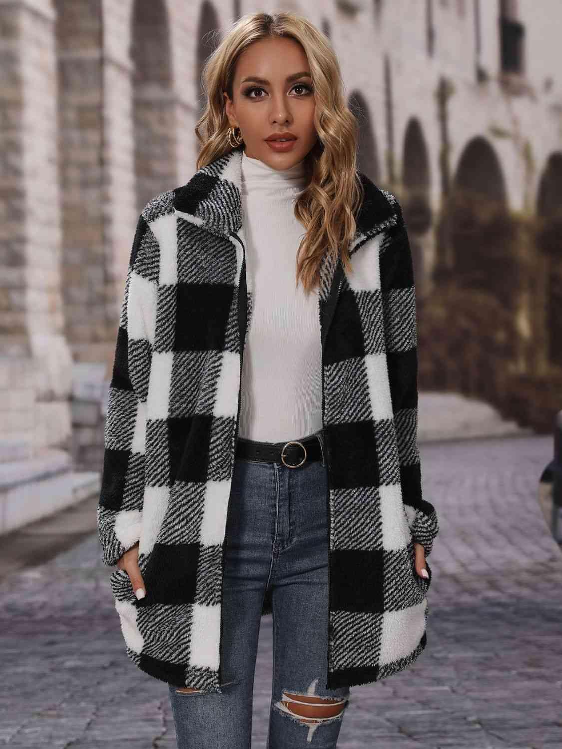 Plaid Collared Neck Coat with Pockets -- 