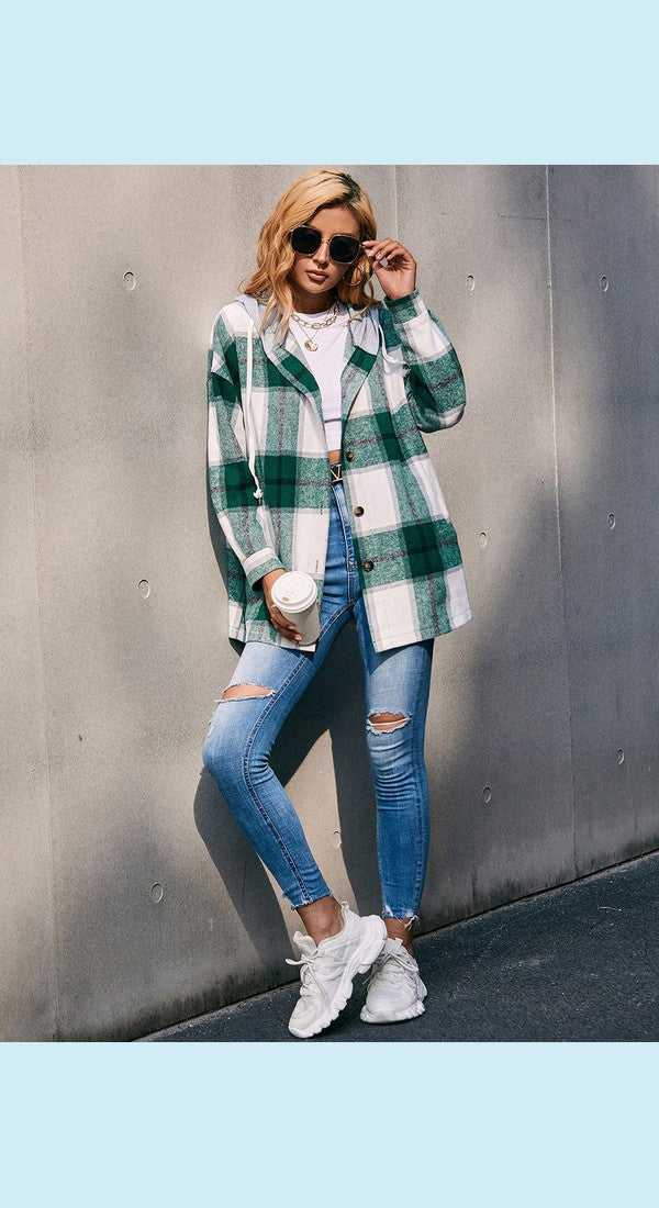 Plaid Dropped Shoulder Hooded Jacket