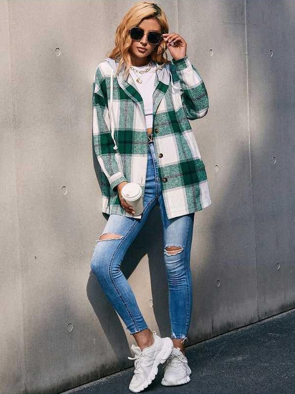 Plaid Dropped Shoulder Hooded Jacket -- 