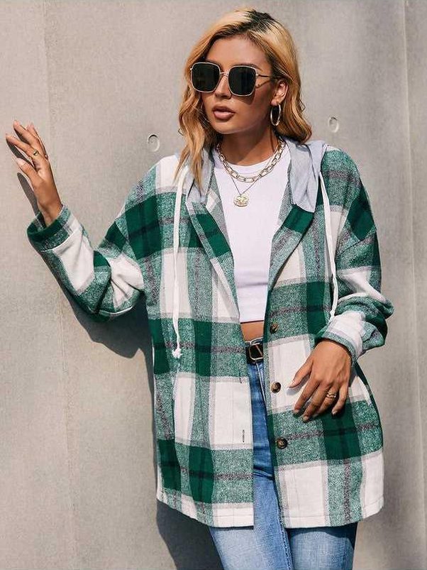 Plaid Dropped Shoulder Hooded Jacket -- 