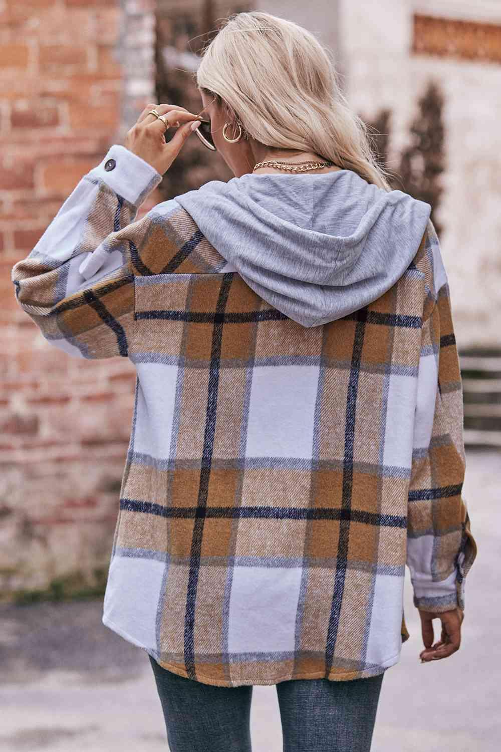 Womens Plaid Dropped Shoulder Hooded Jacket -- 