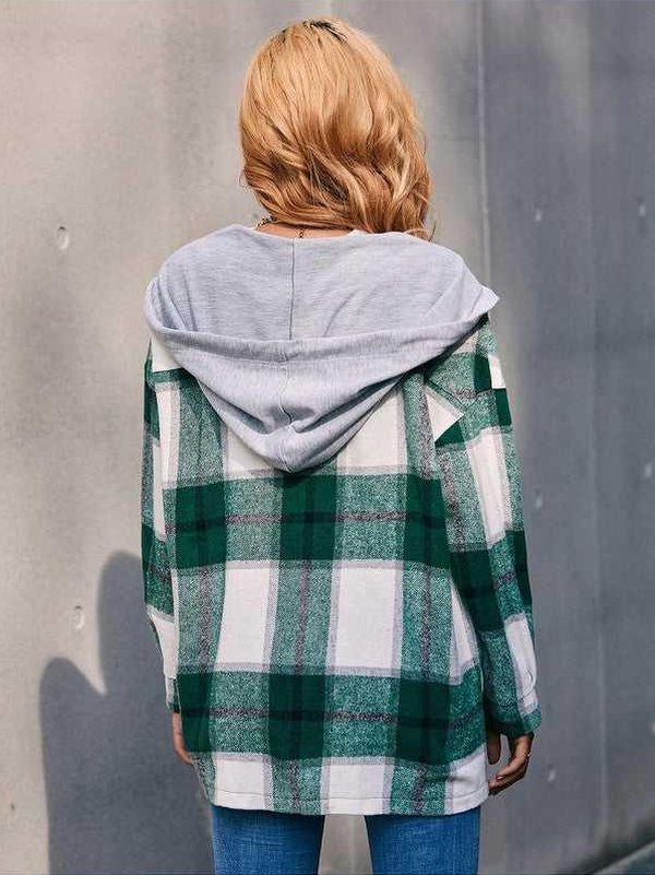 Plaid Dropped Shoulder Hooded Jacket -- 