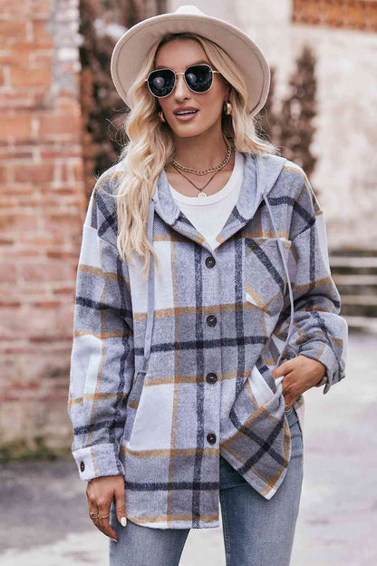Womens Plaid Dropped Shoulder Hooded Jacket