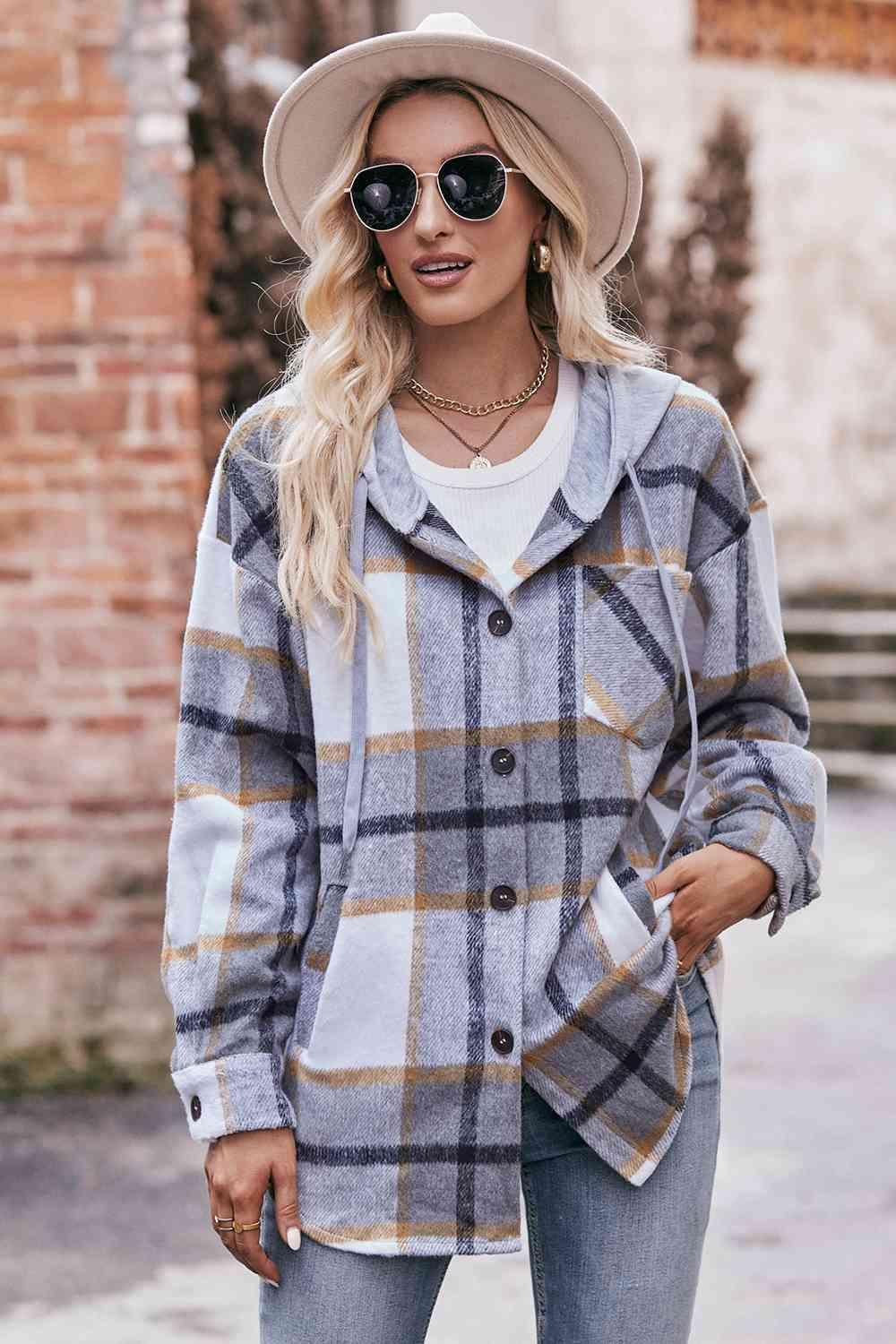 Womens Plaid Dropped Shoulder Hooded Jacket -- 