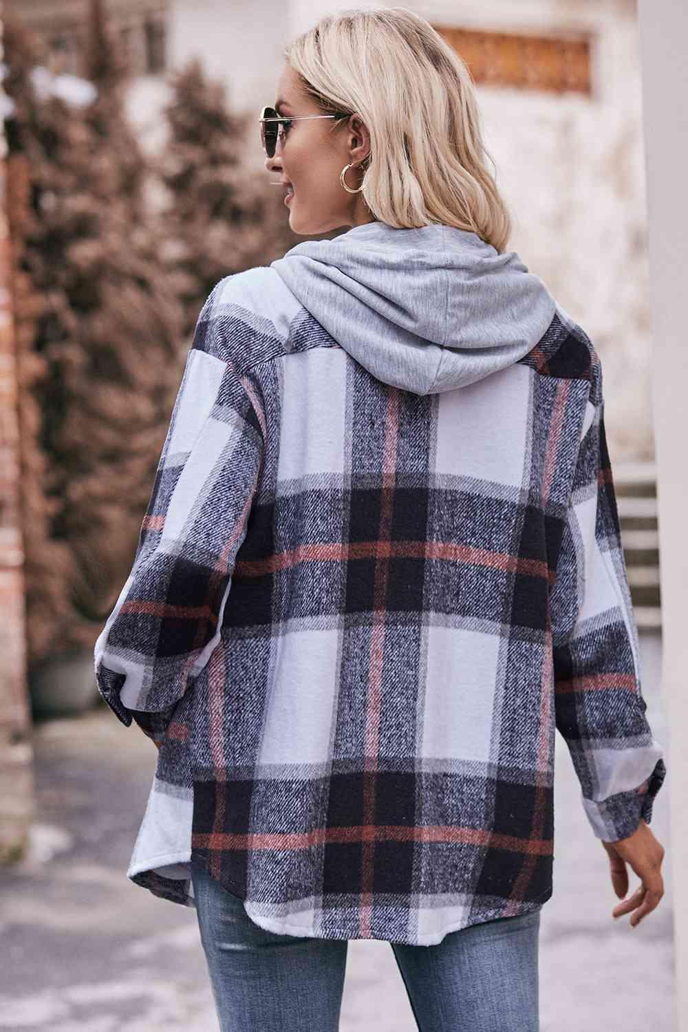 Womens Plaid Dropped Shoulder Hooded Jacket -- 