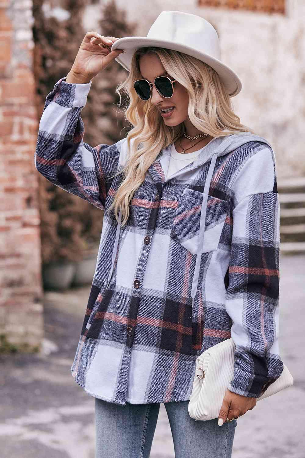 Womens Plaid Dropped Shoulder Hooded Jacket -- 