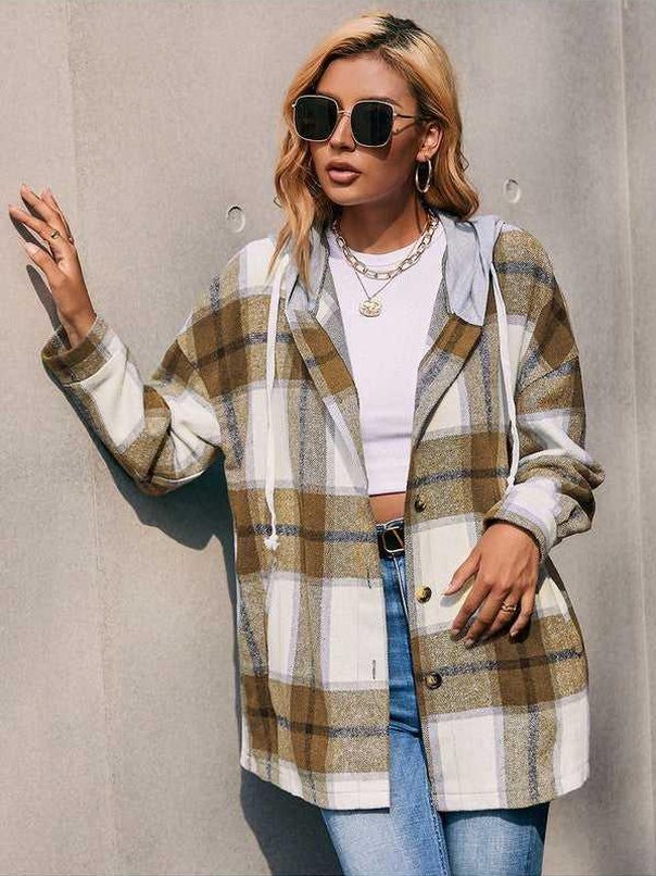 Plaid Dropped Shoulder Hooded Jacket -- 
