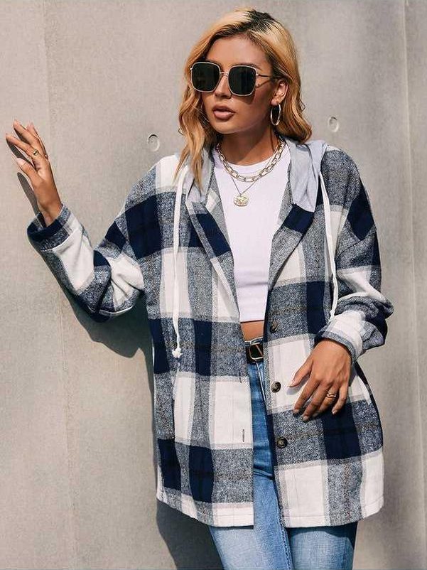 Plaid Dropped Shoulder Hooded Jacket -- 