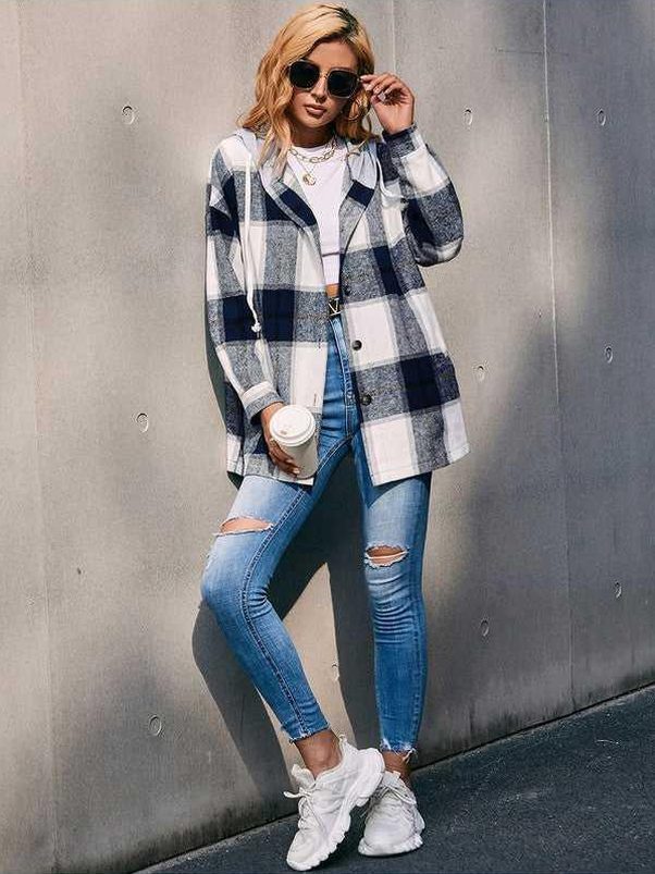 Plaid Dropped Shoulder Hooded Jacket -- 