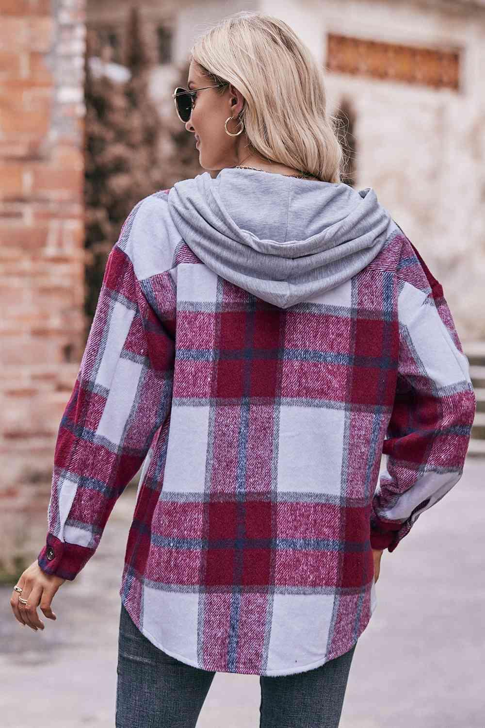 Womens Plaid Dropped Shoulder Hooded Jacket -- 