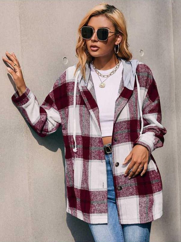 Plaid Dropped Shoulder Hooded Jacket -- 