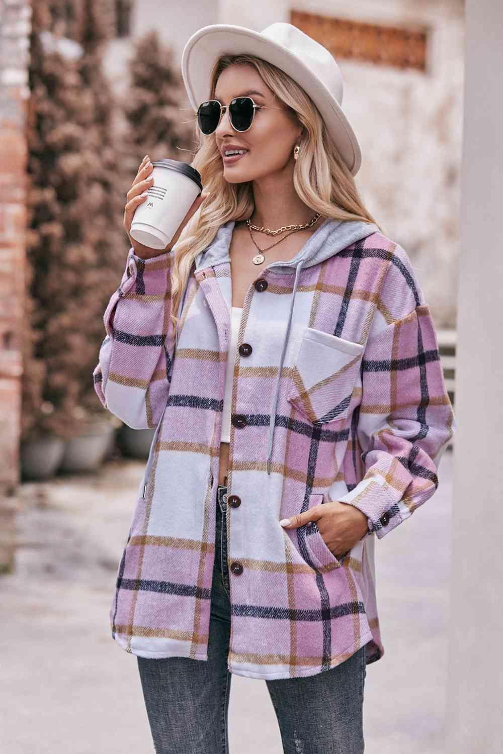 Womens Plaid Dropped Shoulder Hooded Jacket -- 