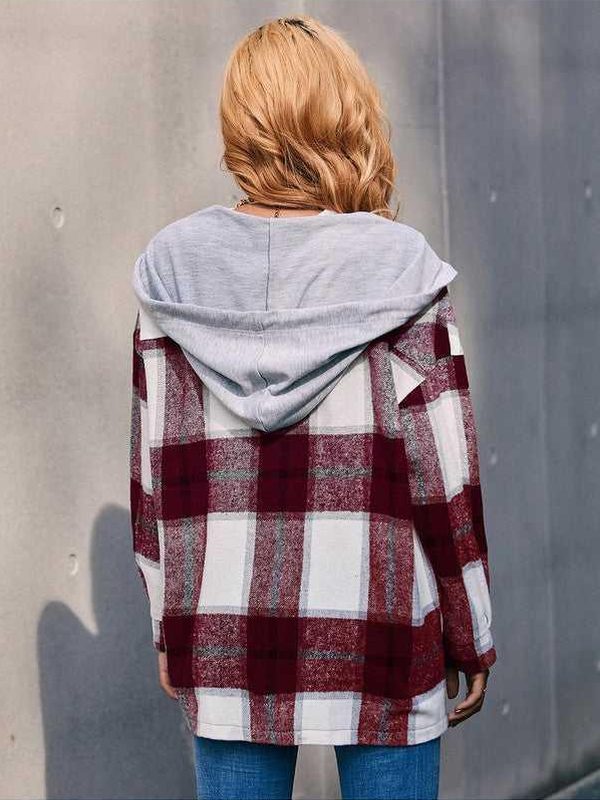 Plaid Dropped Shoulder Hooded Jacket -- 