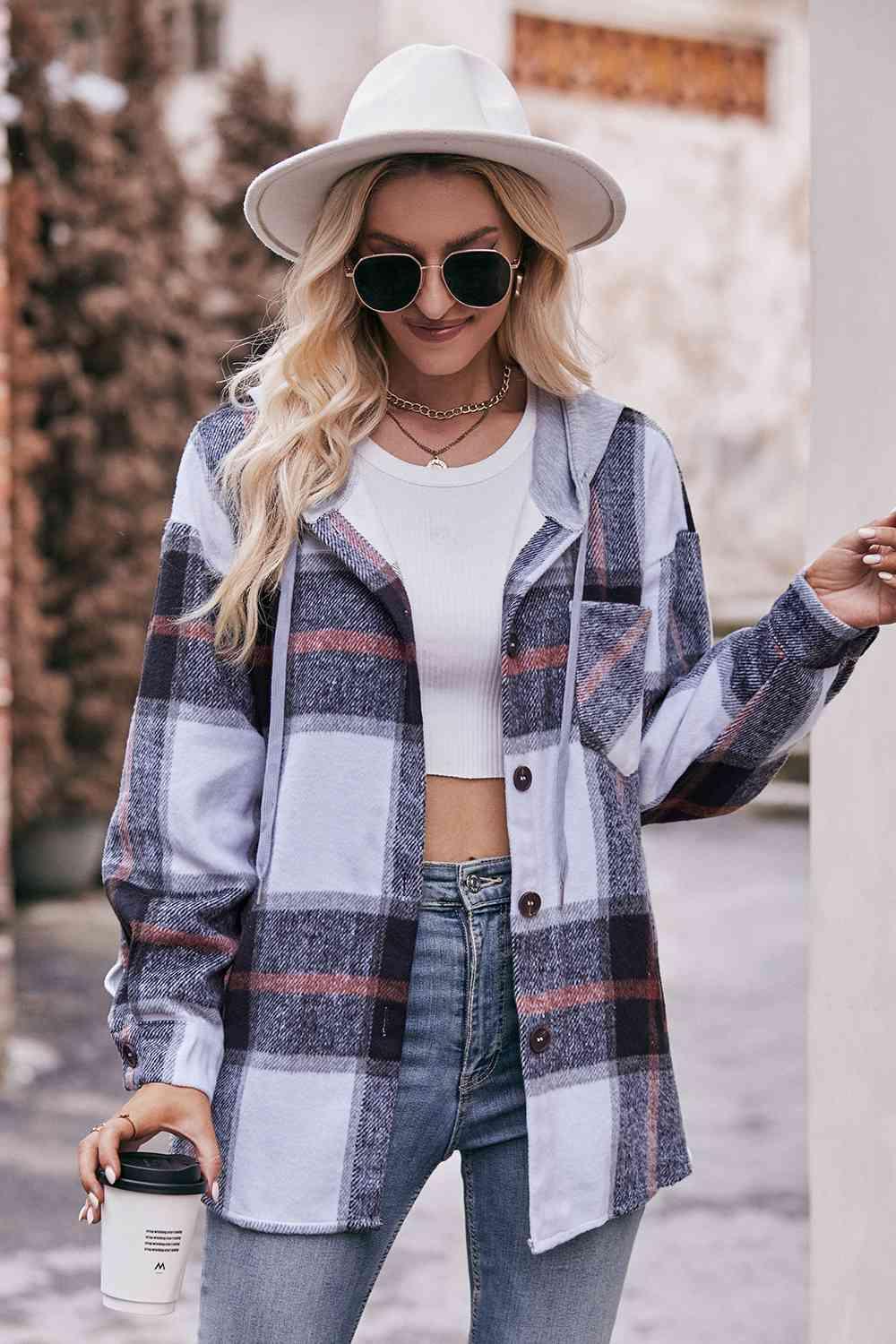 Womens Plaid Dropped Shoulder Hooded Jacket -- 