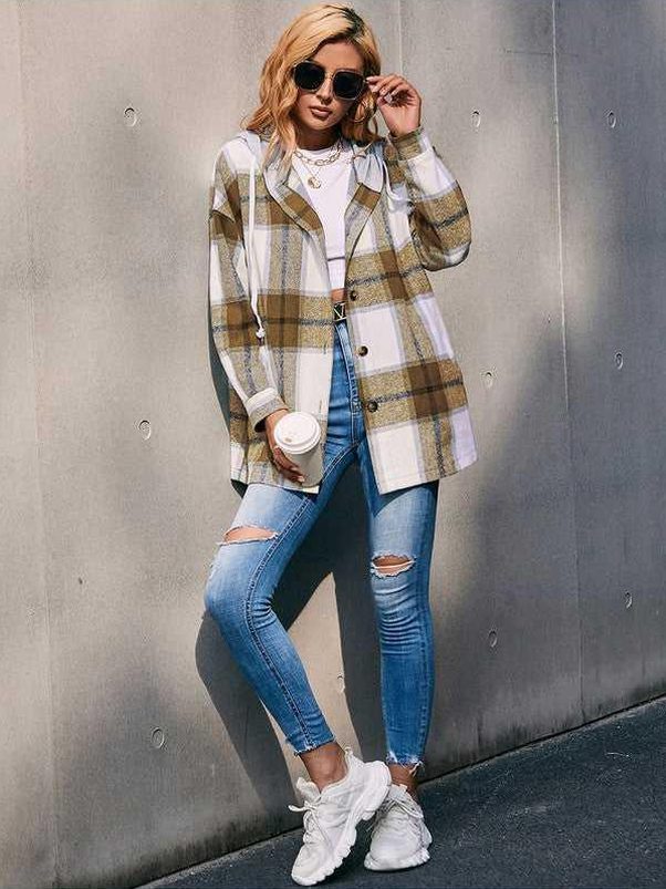 Plaid Dropped Shoulder Hooded Jacket -- 