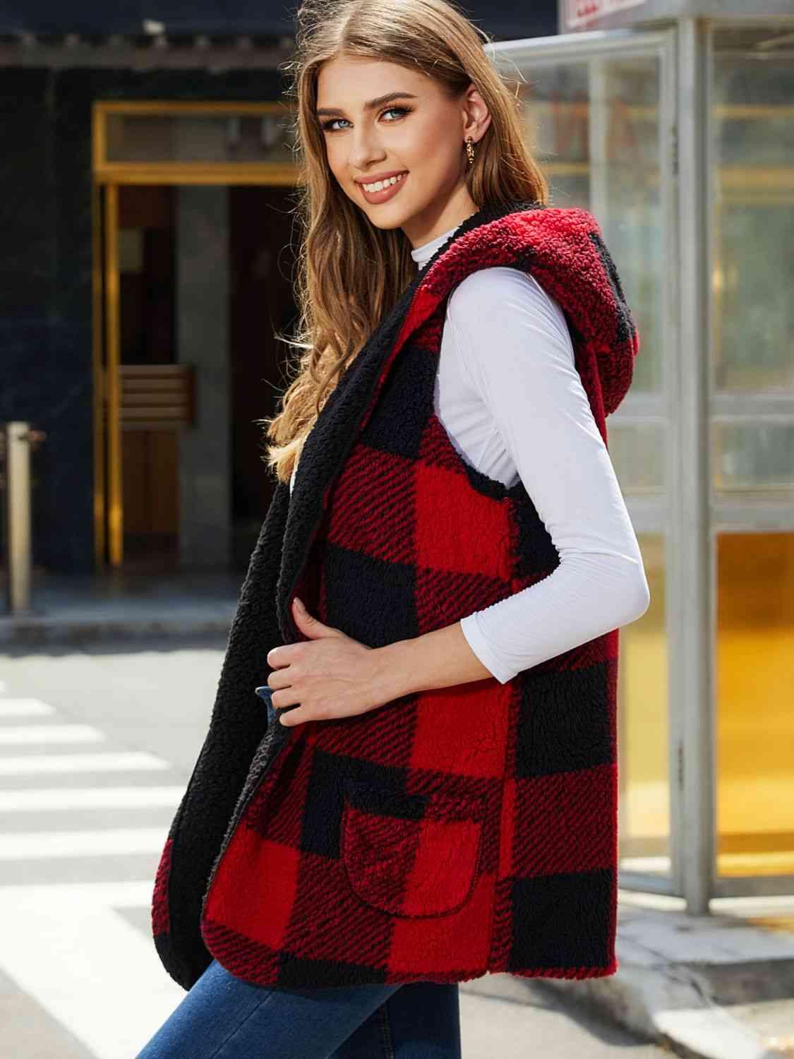 Plaid Hooded Vest -- 