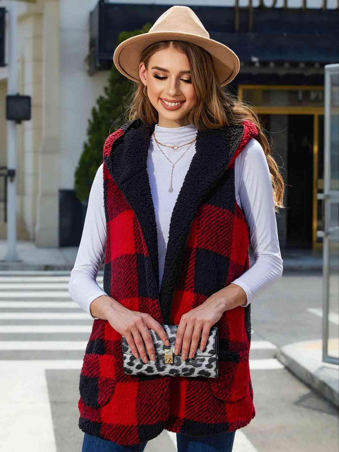 Plaid Hooded Vest -- 