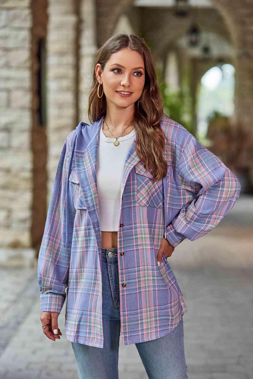 Plaid Long Sleeve Hooded Jacket -- 