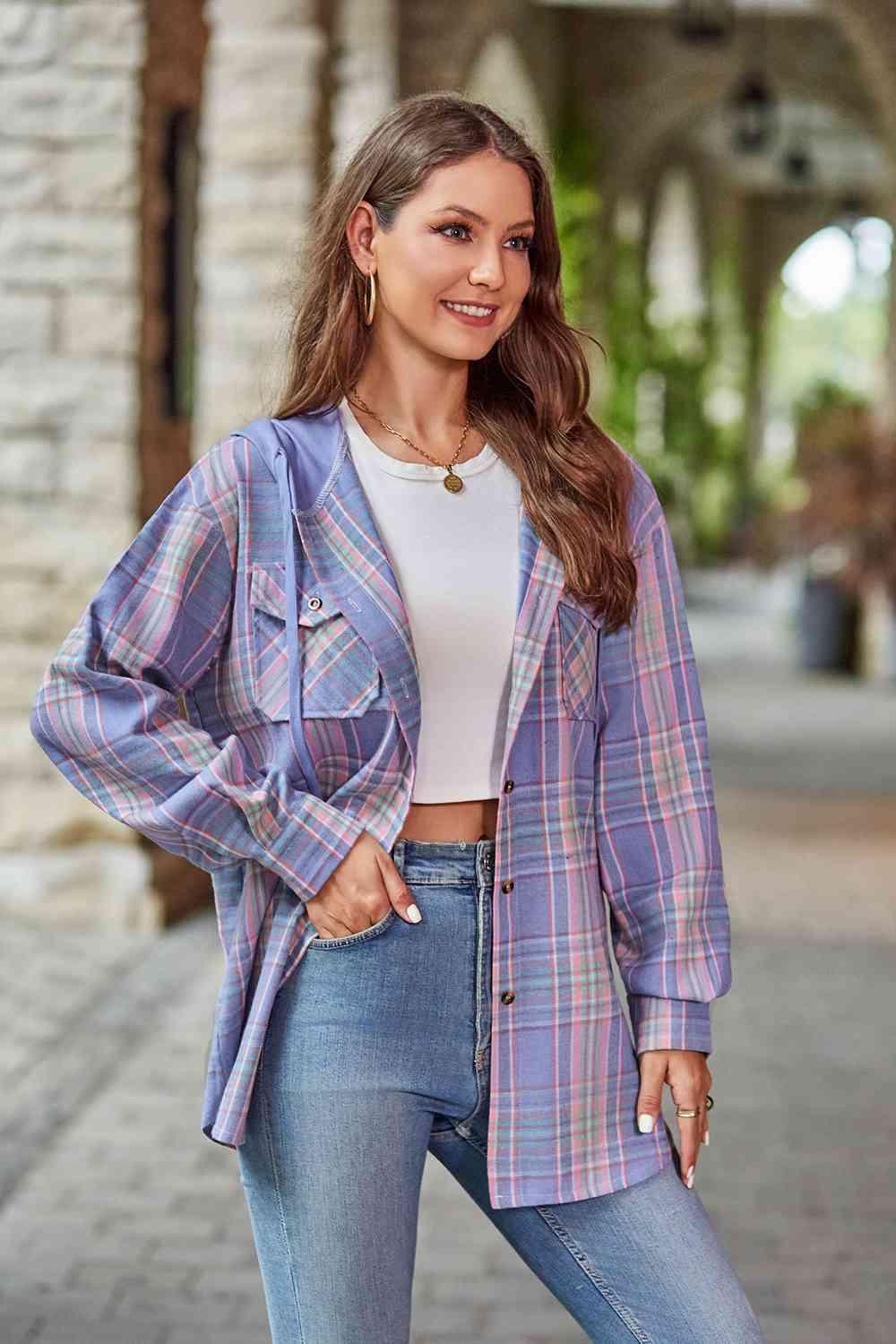 Plaid Long Sleeve Hooded Jacket -- 