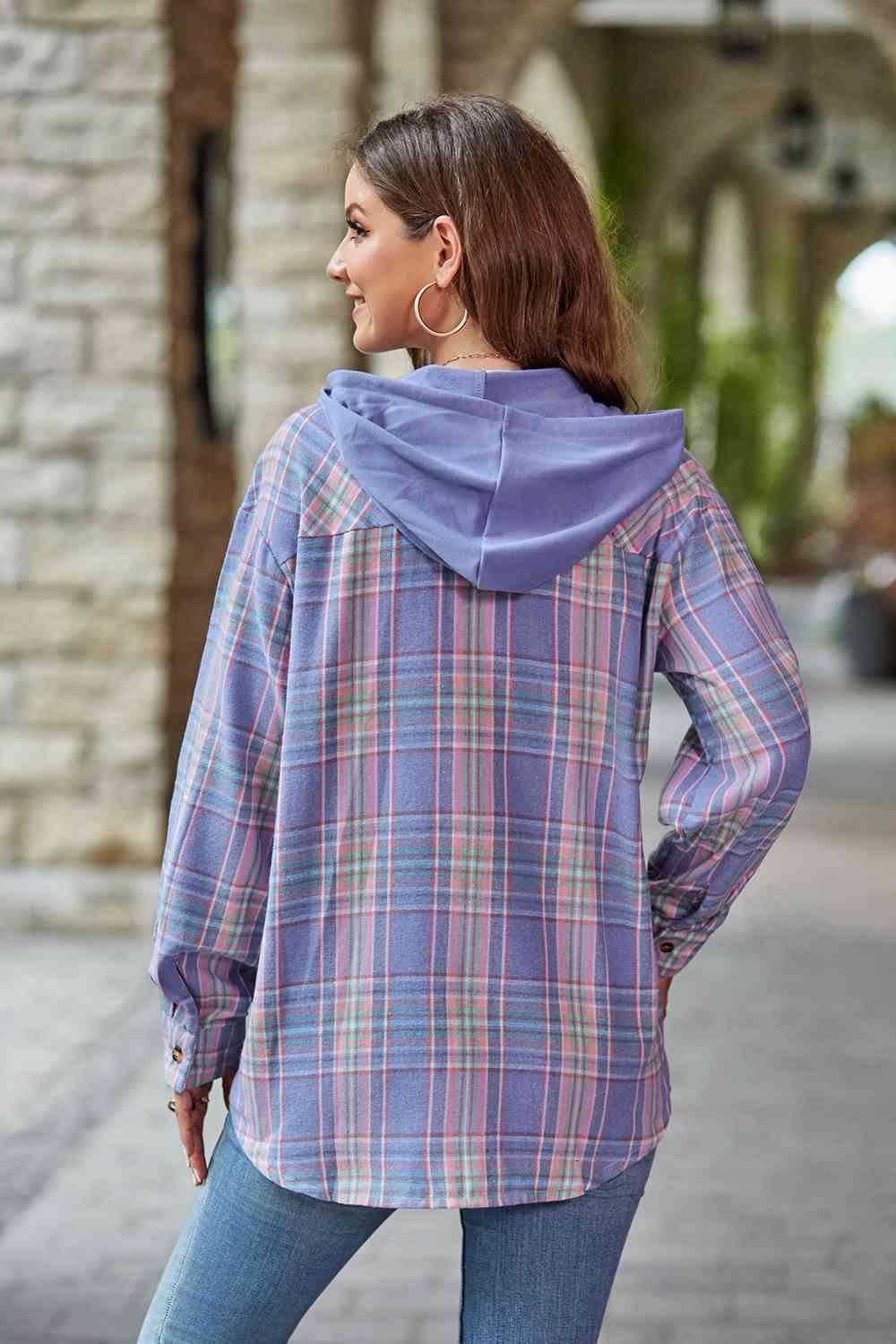 Plaid Long Sleeve Hooded Jacket -- 
